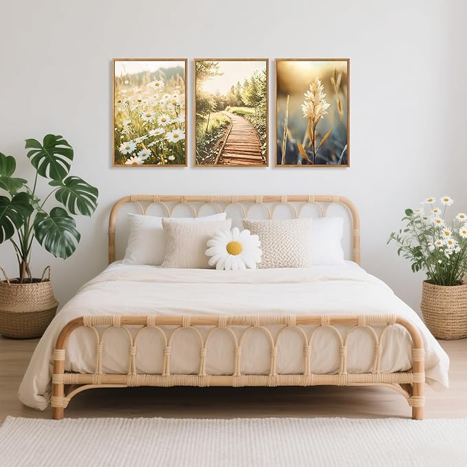 CHDITB Vintage Daisy Field Path Framed Canvas Wall Art Set, Nature Landscape Wall Decor, Nordic Wildflowers Wall Painting, Daisies Floral Art Prints for Living Room Bedroom Office-Size 16"x24"x3