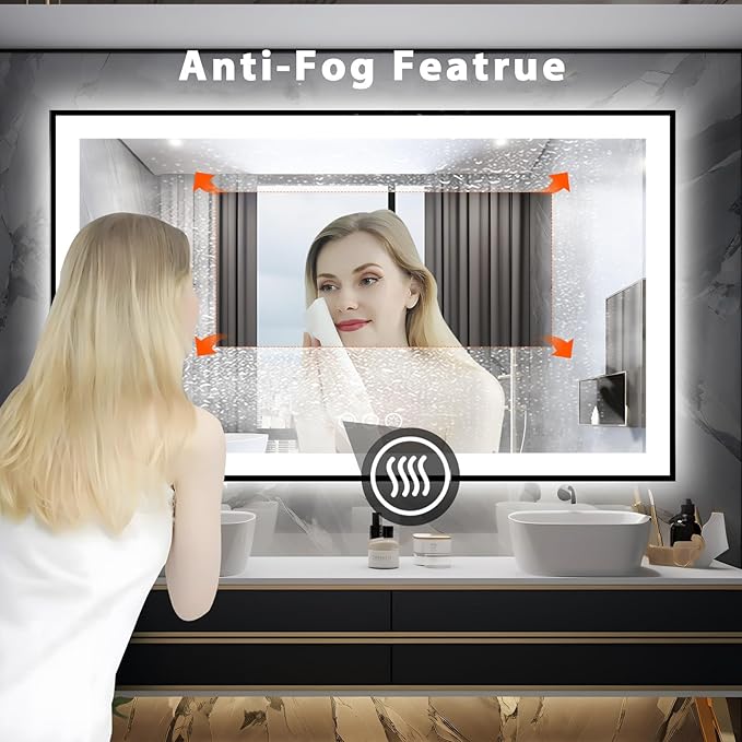 60x36 Lighted Mirrors for Bathroom Wall, Modern Rectangle Matte Black Mirror, Tempered Glass，Double Lights, 3 Colors Dimmable Temperature, IP54 Enhanced Anti-Fog, Memory (Horizontal/Vertical)