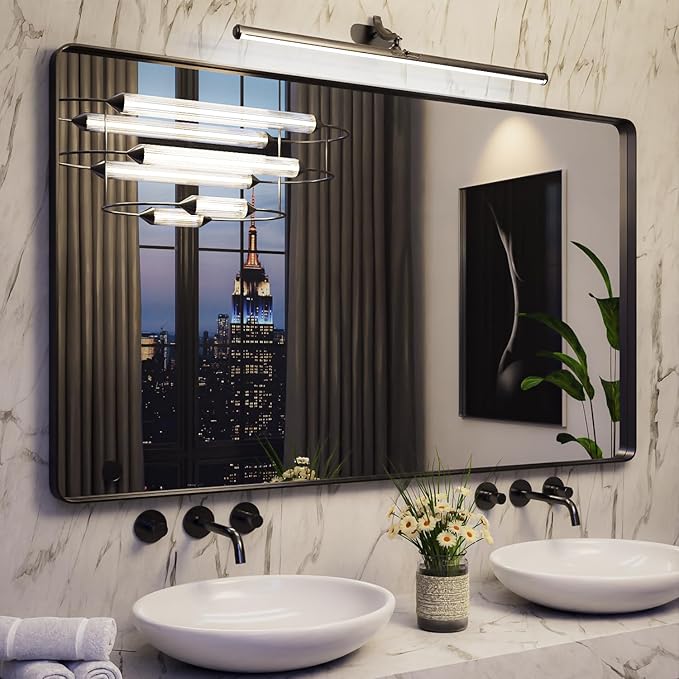 Large Bathroom Mirror for Wall, 60x36 Inch Matte Black Framed Bathroom Vanity Mirror for Farmhouse Living Room Bedroom, Anti-Rust, Tempered Glass, Rounded Corner, Horizontal/Vertical