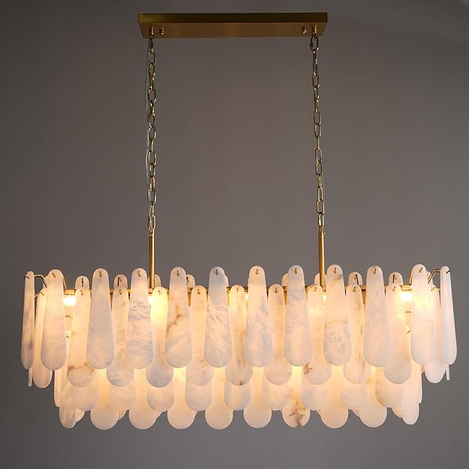 Chandeliers for Dining Room, L47.2 in Modern Alabaster Rectangle Brass Chandelier, 4-Tiers Luxury Natural Stone Ceiling Light Fixture, White Marble Chandeliers for Kitchen Island Living Room Bedroom