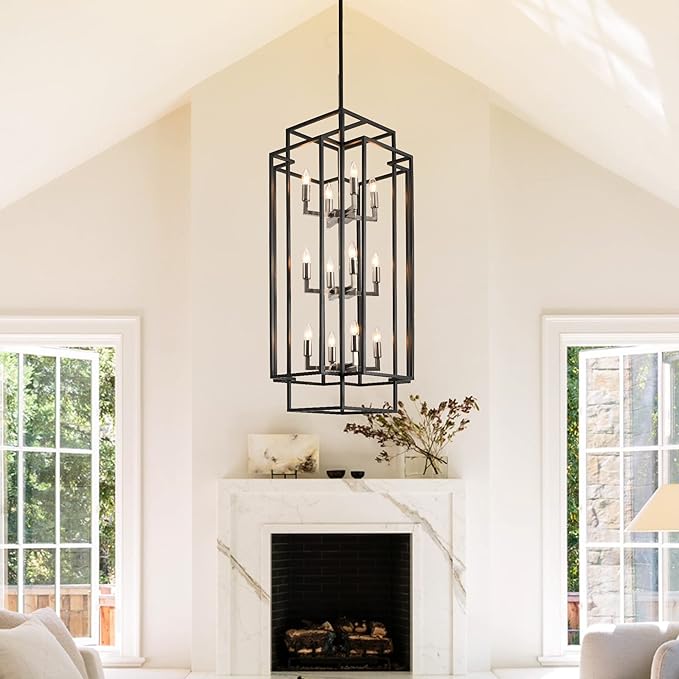 12-Light High Ceiling Chandeliers for Entryway, Farmhouse Large Pendant Light, Foyer Lighting Fixtures for Staircase Entry Dinning Room Kitchen Island, Black and Brushed Nickel