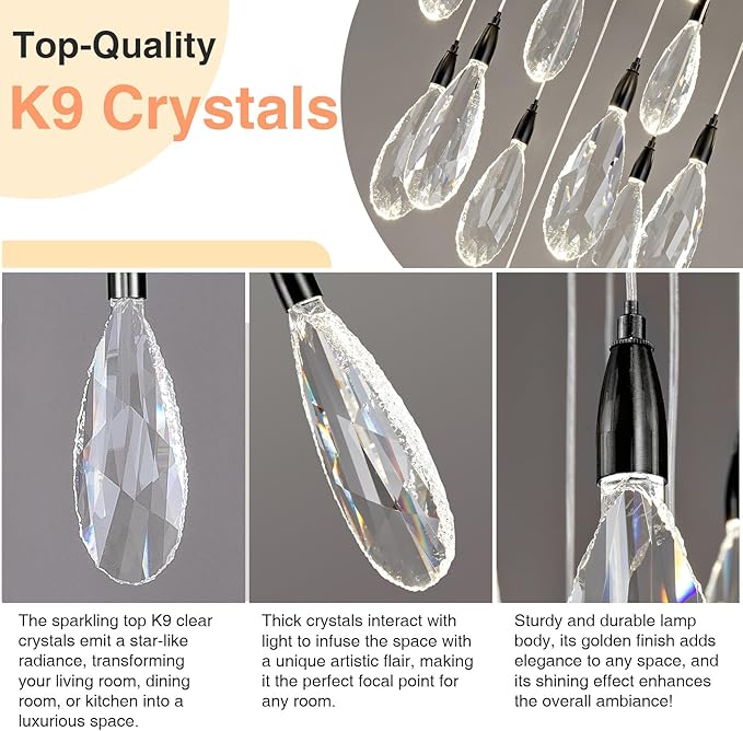 189" Luxury Long Crystal Chandelier, 43-Light Modern Black Raindrop Staircase Chandelier, Contemporary 4000K Dimmable Flush Mount Light Fixture for Foyer, Entryway, Living Room, High Ceilings