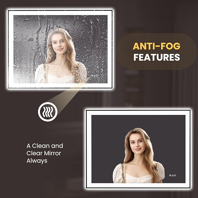 LOAAO 48"X36" LED Bathroom Mirror Black Framed, Anti-Fog, Dimmable, Lighted Bathroom Vanity Mirror for Wall, Memory Function, Tempered Glass