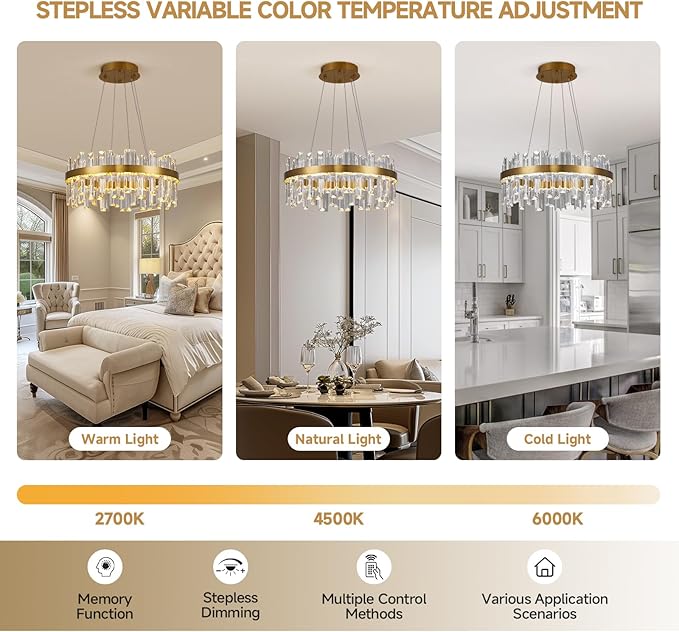 Modern Gold Crystal Led Chandelier: 19.7" Dimmable 3 Color Round Contemporary Dining Room Light Fixture over Table - K9 Adjustable Chandeliers Lighting for Bedroom Living Kitchen Island Entryway Foyer