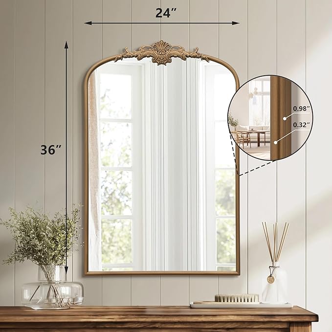 Antique Baroque Arched Mirror: 24"x36" Arch Gold Vintage Wall Mounted Mirror - Traditional Ornate Home Decor for Entryway/Fireplace/Bathroom - Idea for Fashion-Conscious
