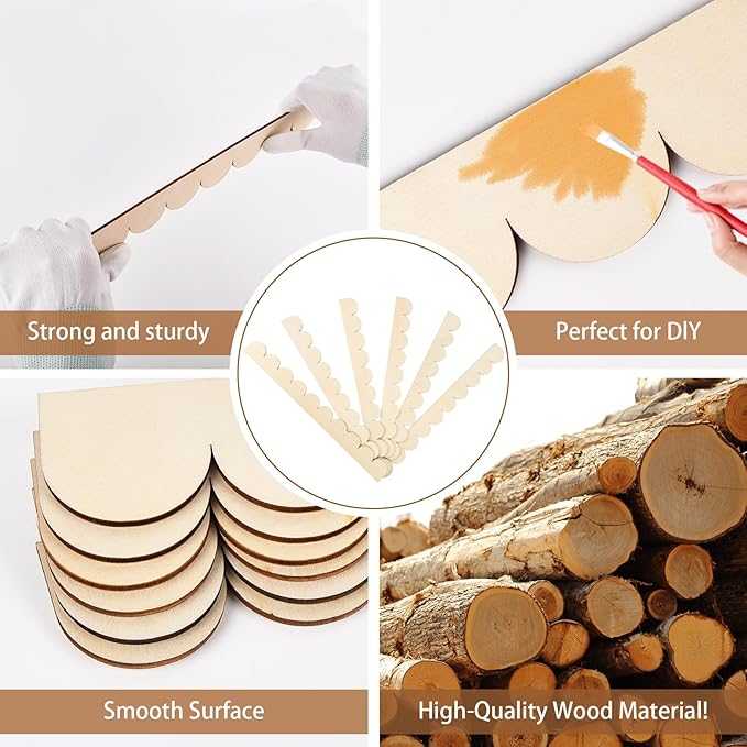 12Pcs Unfinished Scalloped Decorative Wood Trim with Glue Dots, 15.75" x 1.57" Scalloped Wooden Edging Trim Cute DIY Moulding Trim for Home Wall Cabinet Window Door Decor, Interior & Exterior Use