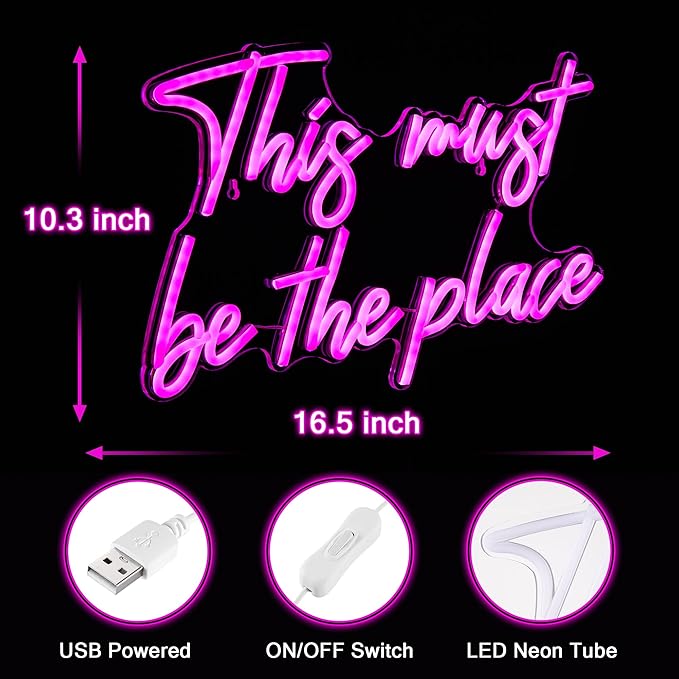 Kavaas This Must Be the Place Neon Signs 16.5" x 10.3", Pink LED Light Up Signs for Wall Decor | This Must Be The Place Sign for Bedroom, Bar, Cafe, Office, Man Cave
