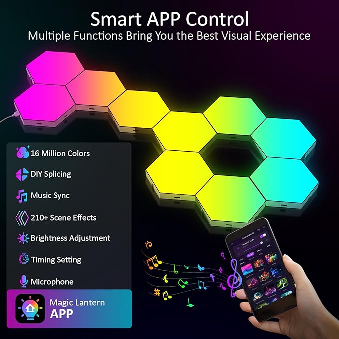Big Hexagon LED Light - 8 Pack Smart RGB Hexagon LED Panels Wall Lights with APP & Remote Control Cool Music Sync Gaming Lights for Living Room, Bedroom, Gaming Room, Kids, Adults