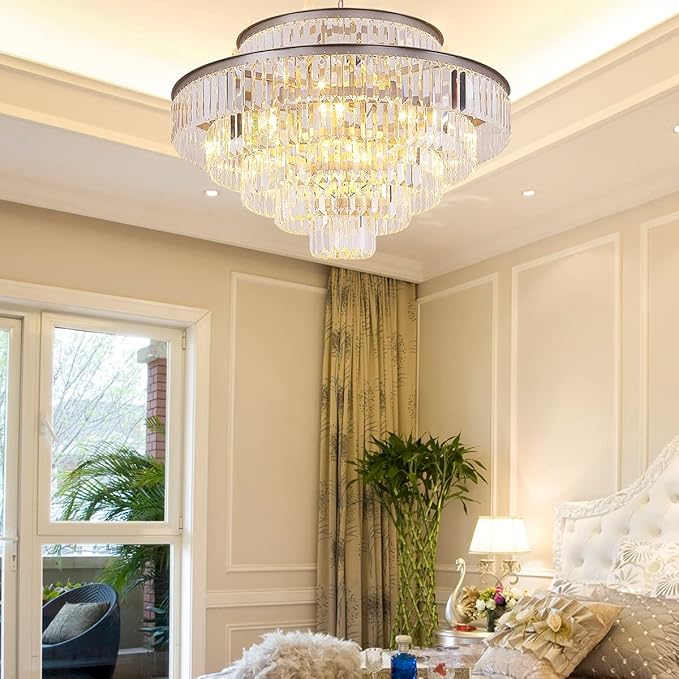 Modern Style Crystal Chandeliers & LightsRound Hanging Classic, Pendant Ceiling Chandelier Lighting Fixture 6-Tier for Dining Room Living Room(Nickel,31inch)