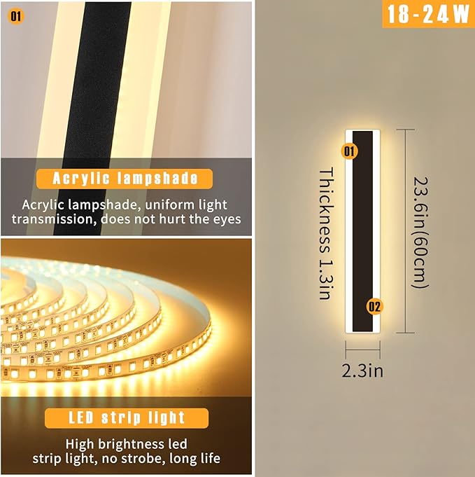 Modern 23.6inch Outdoor Wall Light, 3000K Black Acrylic Exterior Lighting Fixtures Wall Mount, Ip65 Waterproof Modern Porch Lights Outdoor Wall Sconce, Led Long Outdoor Lights for House Hard-Wired