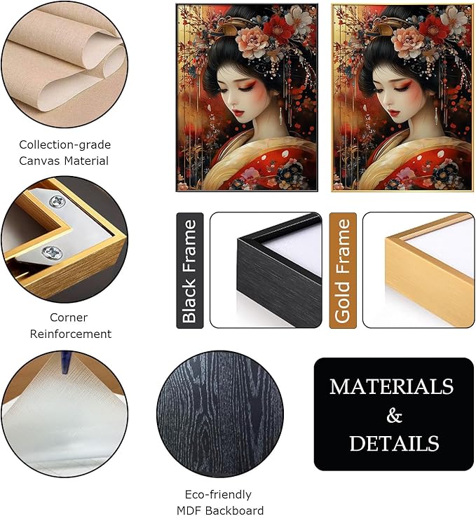 Japanese Geisha Canvas Wall Art, Geisha Girl Canvas Print, Gold Red Floral Kimono Canvas Art, Geisha Wall Art, Luxury Zen Wall Art, Asian Poster, Traditional Living Room Wall Art (Black Framed, 20"x28" | 51x71cm)