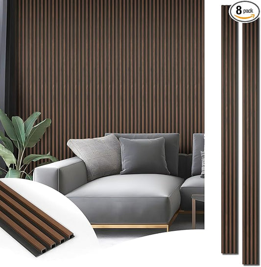 Art3d 8-Pack WPC Wood Slat Wall Panel for Interior Décor, 3D Wood Fluted Acoustic Wall Paneling for Living Room Bedroom Home & Office Accent Decor - 96 x 6 Inch Walnut