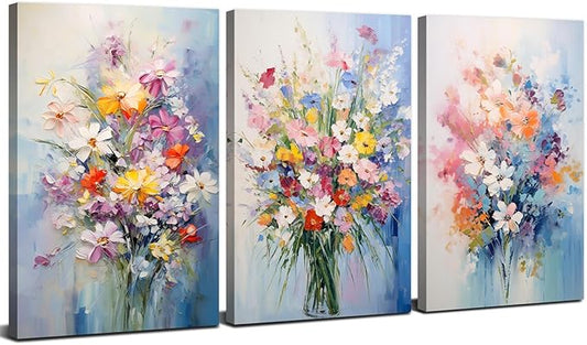 Colorful Floral Wall Art for Living Room Wildflower Pictures Canvas Prints Abstract Daisy Poppy Flower Posters Oil Painting Wall Decor Watercolor Botanical Artwork Bedroom Home Decoration 12x16” 3pcs