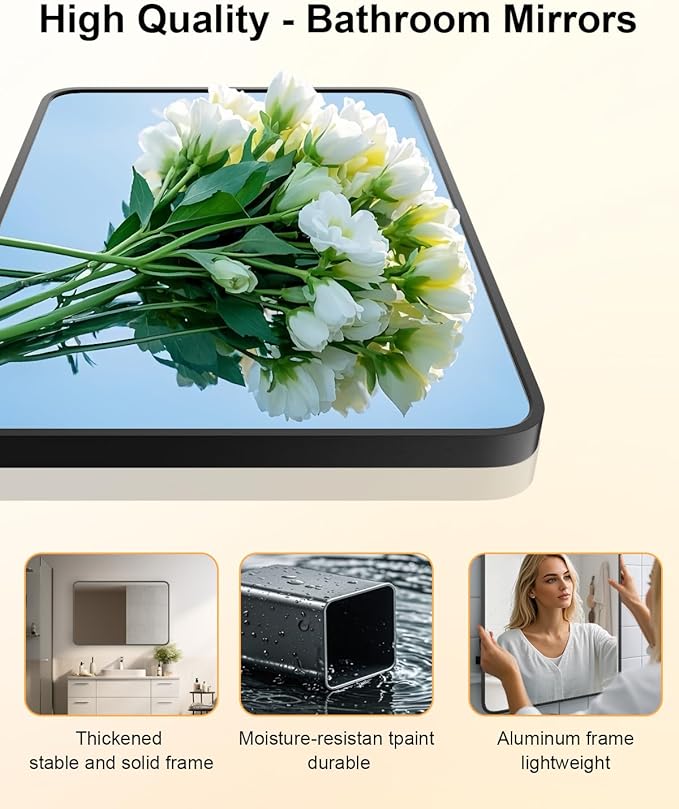 Black Bathroom Mirror 22×30 Inch Rounded Rectangle Bathroom Mirrors for Over Sink Metal Framed Bathroom Vanity Mirrors for Wall Modern Decor for Bedroom, Hallway, Fireplace