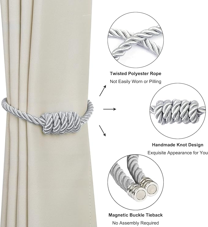 BEL AVENIR Magnetic Curtain Tiebacks, Decorative Drapery Holdbacks Modern Woven Tie-Backs with Exquisite Knot (Sliver, 2 Pack)