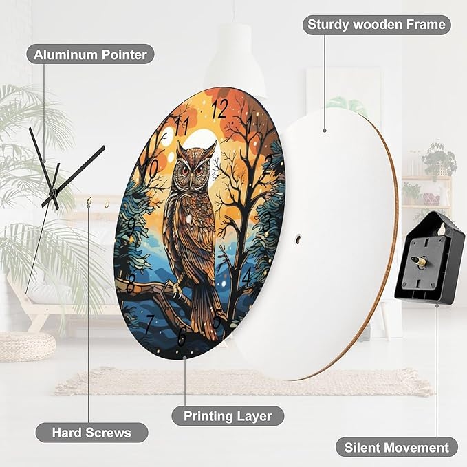 Moon Owl Round Wall Clock, Watercolor Cartoon Scene Bird Animal Black and White Art Print Children's Living Room Bedroom Kitchen Wooden Silent Wall Clock 12x12INCH