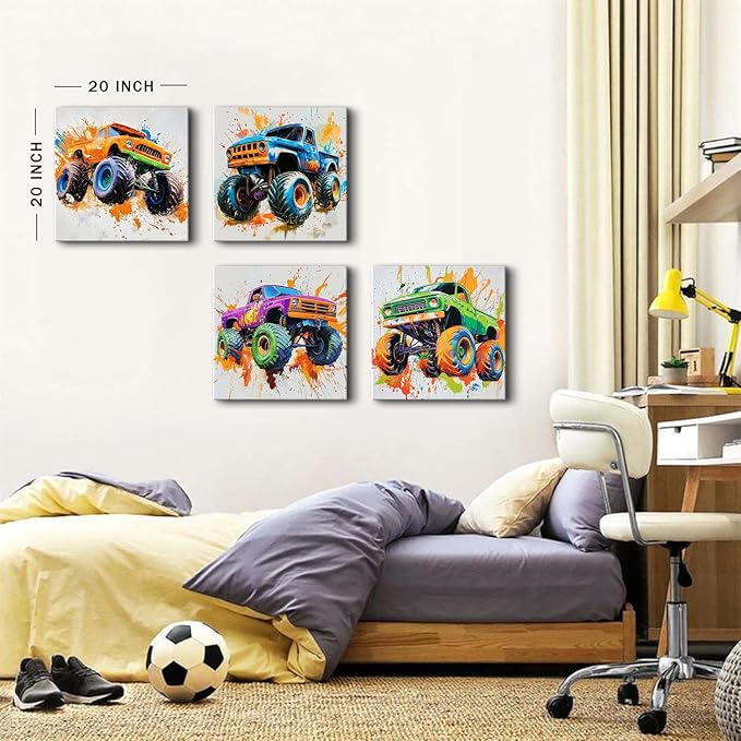 Monster Truck Canvas Wall Art Cool Watercolor Car Posters for Boys Room Modern Graffiti Truck Pictures Wall Decor Off-Road Vehicles Artwork Nursery Toddler Bathroom Bedroom Home Decoration 20x20" 4pcs
