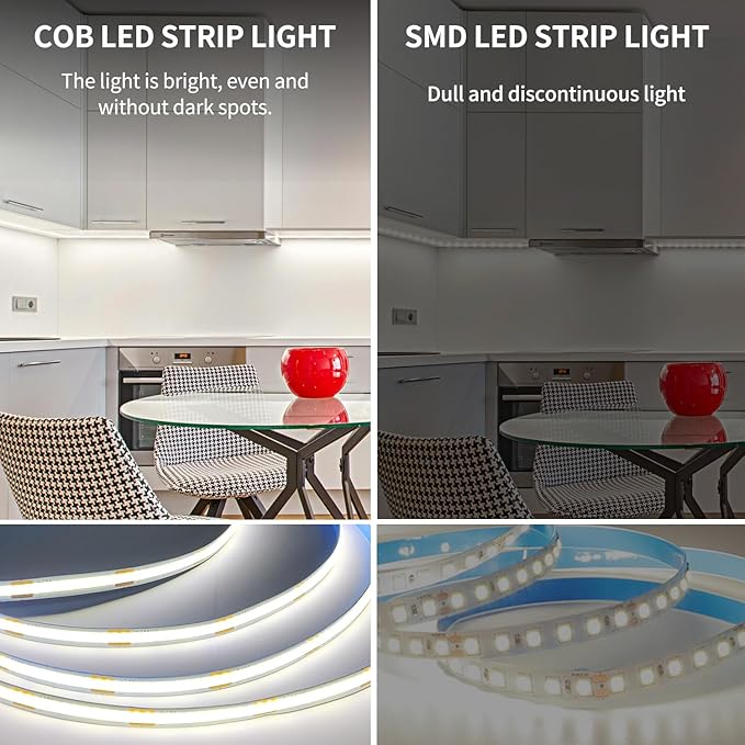 COB LED Strip Lights 50ft,6000K DC 24V Dimmable White Flexible LED Rope Lights for Bedroom,with Remote and app Control LED Lights Strip for Living Room, Shelf, Cabinet