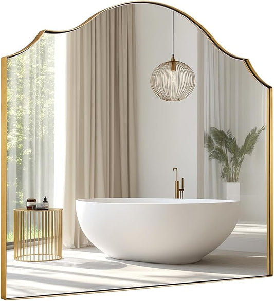 ANDY STAR Scalloped Arched Mantel Mirror, 32x28 Inch Brushed Gold Vanity Mirror in Stainless Steel Metal Frame, Vintage Wall Mirrors for Fireplace, Bedroom, Living Room, Entryway Hangs Vertically