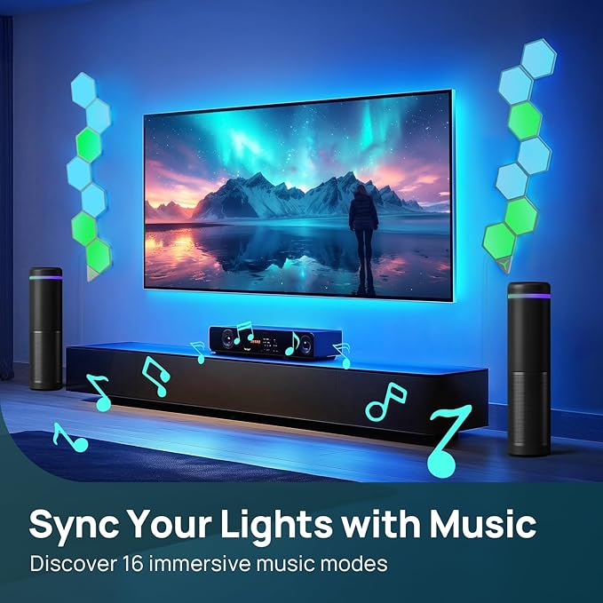 Linkind Smart Hexagon Lights, RGB LED Wall Light Panels with Music Sync, Gaming Light Compatible with Alexa and Google Home, DIY Wall Decor for Gaming Room, Home Theater, Bedroom, 7 Pack