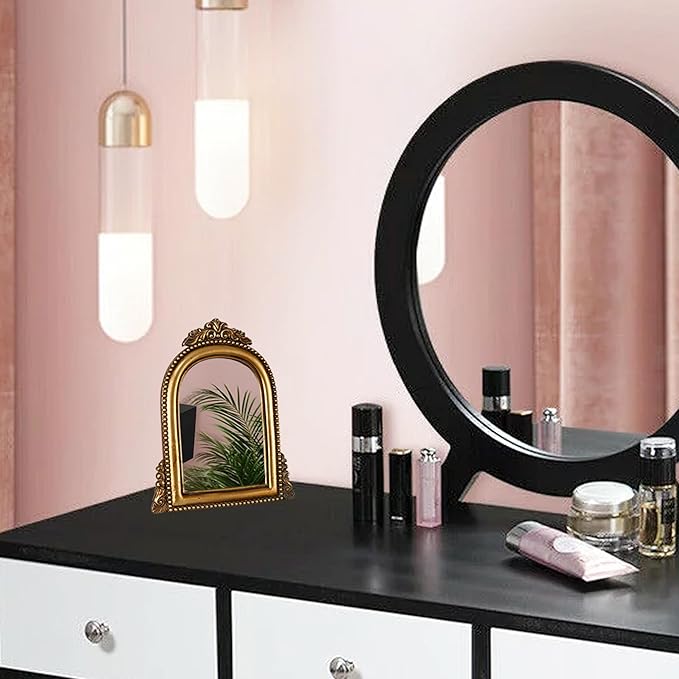 OIGUMR Smaller Vintage Gold Ornate Baroque Mirror Vanity Desk Table Mirror Arched Makeup Mirror with Resin Frame 9.6X6.5 inch