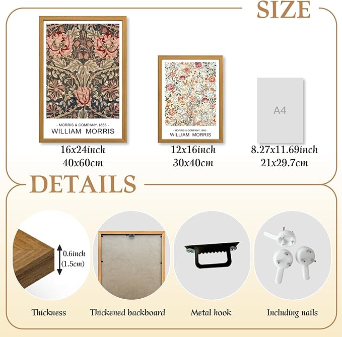 LLEEMPI William Morris Wall Art Set of 3, Vintage Botanical Wall Decor, Rustic Farmhouse Canvas Painting, Classic Minimalist Poster Prints for Bedroom Bathroom Office Wood Framed 12x16 Inch