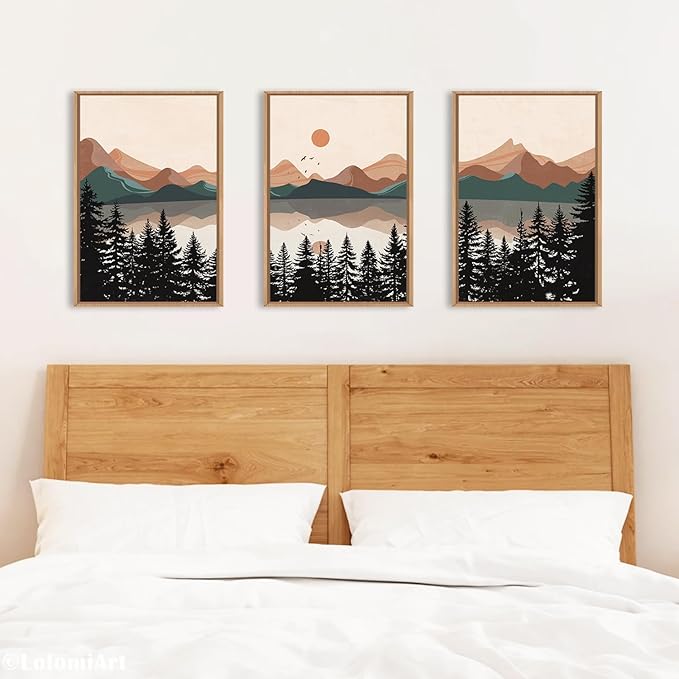 KAIRNE Mountain Framed Canvas Wall Art, Mid Century Modern Decor, Boho Wall Art Painting, Lake Pines Tree Sunset Nature Landscape Art Print for Living Room, Bedroom, Office, Dining Room- 16"x24"x3