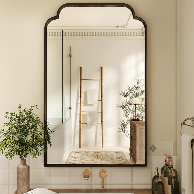 30X48 Inch Black Bathroom Mirror for Wall, Modern Rounded Corner Rectangle Mirror with Non-Rusting Iron Metal Framed Bathroom Vanity Mirror for Over Sink Wall Decor