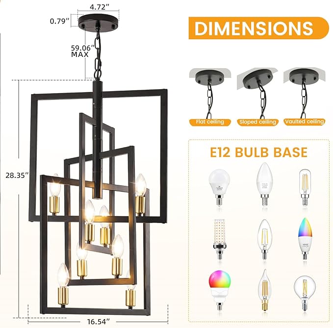 Black and Gold Chandelier, 8-Light Farmhouse Lantern Pendant Light Fixtures, Rustic Industrial Foyer Lighting Fixtures, Large Chandeliers for High Ceilings, for Hallway, Staircase, Entryway