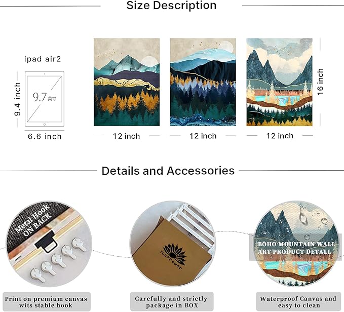 Nature Wall Art Abstract Mountain Pictures for Living Room Blue Forest Landscape Wall Decor Boho Paintings Canvas Prints Mid Century Minimalist Wilderness Modern Artwork Home Decorations 20x28” 3Pcs