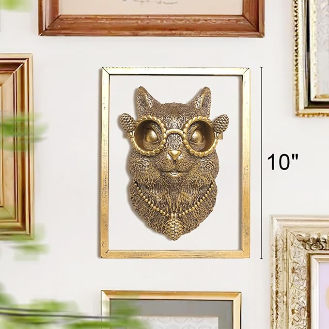 Animal Heads Wall Decor (Includes Metal Frame) Resin Animals Sculptures Head Wall Hanging Decoration Gold vintage Wall Sculpture for Living Room Bedroom Office(Squirrel)
