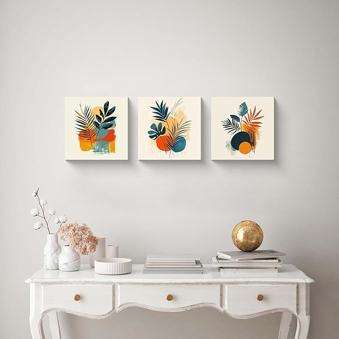 NAN Wind 3Pcs Tropical Leaf Wall Art Palm Frond and Foliage Canvas Print with Bold Orange Teal Yellow Shapes Mid-Century Modern Botanical Plant Pictures for Boho Living Room Bedroom Office Wall Decor