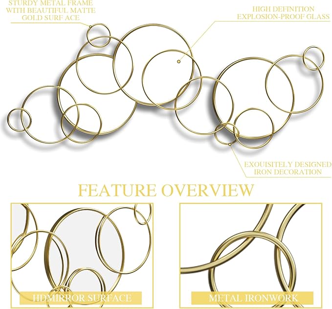 Wall Mirror Decorative, Large Decorative Mirrors for Wall Decor, Round Gold Mirror Wall Art, Wall Mirrors for Living Room, Entryway, Bedroom, Dining Room Kitchen 45''x25.5''