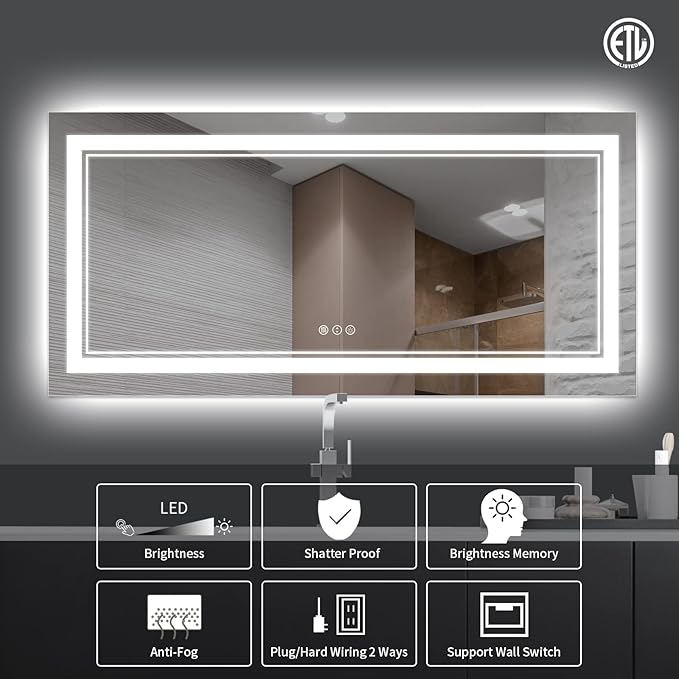 72x36 Inch LED Bathroom Mirror, Backlit and Front-lit,Large Lighted Vanity Mirror with Lights,Anti-Fog,Dimmable,ETL Listed