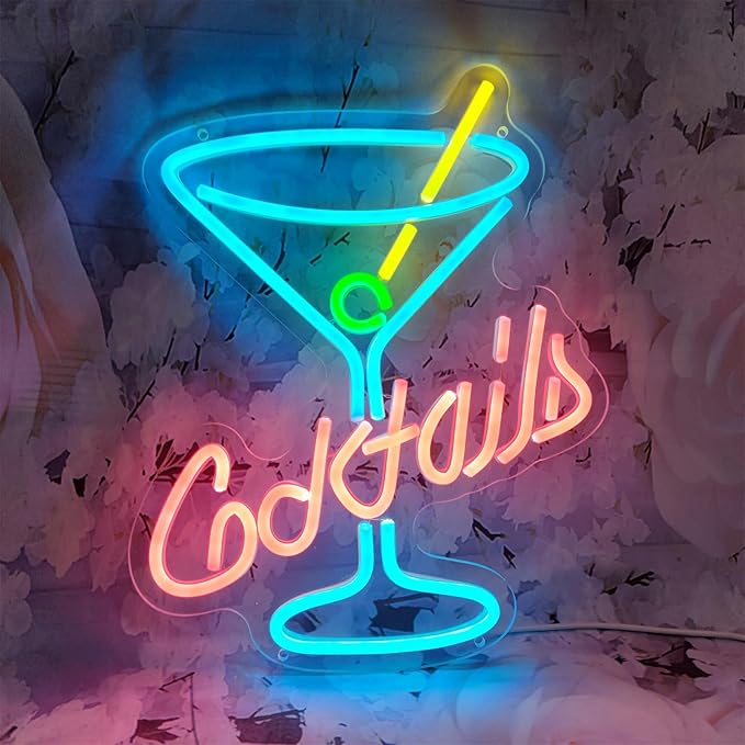 Cocktail Neon Sign, 11" x 13.7" Multicolor Acrylic Wall Mount, Tabletop, Hanging Chain LED Sign for Home Bar Decor