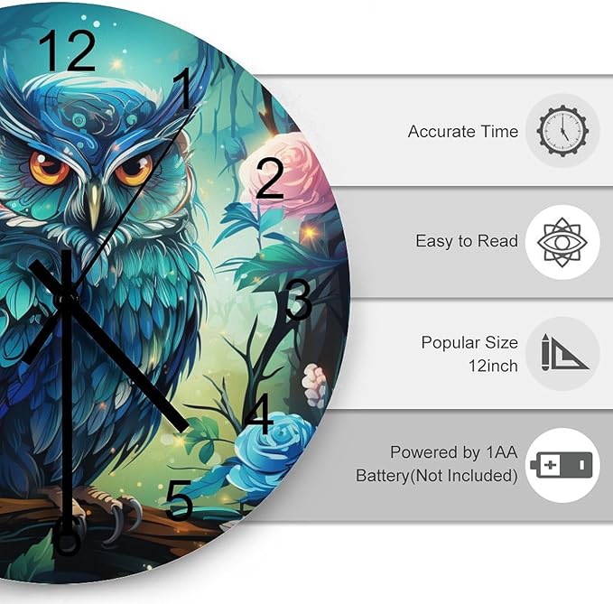Blue Owl Watercolor Cartoon Round Wall Clock, Forest Flower Butterfly Background Handsome Owl Bird Theme, Wooden Silent Wall Decoration Wall Clock For Boys' And Girls' Bedrooms 12x12INCH