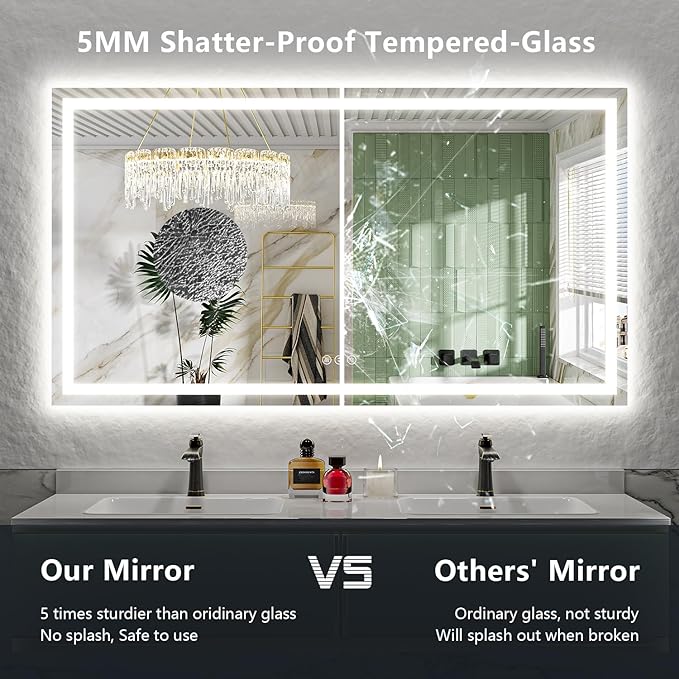 72x40 Inch LED Bathroom Mirror with Lights Front and Backlit Lighted Vanity Mirror for Bathroom Wall with 3 Colors Dimmable Anti-Fog Memory Shatter-Proof IP54 Waterproof Horizontal/Vertical