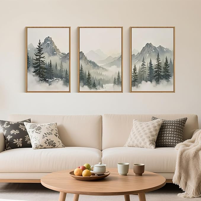Large Nature Foggy Mountain Pine Trees Framed Canvas Wall Art, Misty Forest Landscape Wall Decor,Watercolor Woodland Scenery Artwork,Modern Art Print for Living Room, Bedroom, Office- 16"x24"x3