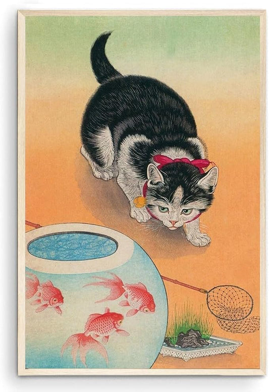 OZCONO Japanese Cat and Goldfish Art Print, Gallery Quality Giclée, UV-Resistant Inks, Vintage Asian Wall Decor (24L x 16W)