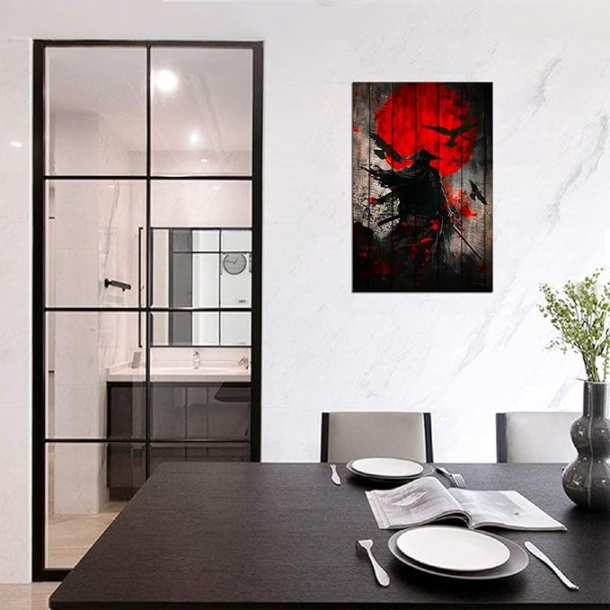 Japanese Samurai Retro Black and Red Atmosphere Asian Samurai Armor Red Moon Poster Canvas Wall Art Prints Bushido Poster Modern Home Decor Framed for Bedroom Living Room Office (28''W x 44''H)