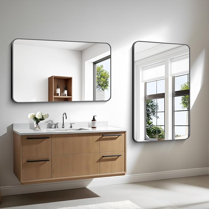 BONEWEI 30x48 inch Bathroom Mirror,Black Rectangle Mirror,Wall Mounted Bathroom Frame Vanity Mirror with Round Corner for Bedroom Living Room, Entryway Hangs Horizontal or Vertical