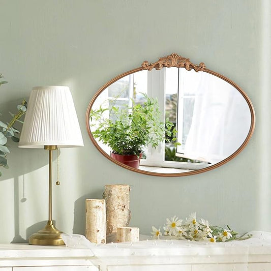 Oval Gold Mirror for Bathroom Vanity, Baroque Ornate Vintage Wall Mirror with Large Rounded Metal Frame, Decorative Antique Brass Mirror for Bedroom, Dresser, Entryway (Gold, 24”x 35.5" x1.2")