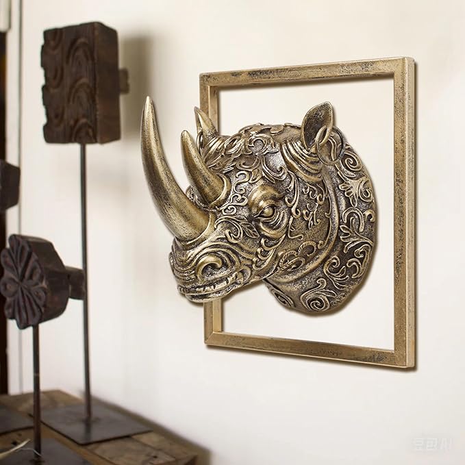 JJALIGHTS Exquisite Resin Animal Head Wall Sculpture (Gift Metal Frame) - Imitation Copper Vintage Decor for Living Room, Bedroom & Office | Decorative Wall Hanging Art (Rhinoceros)