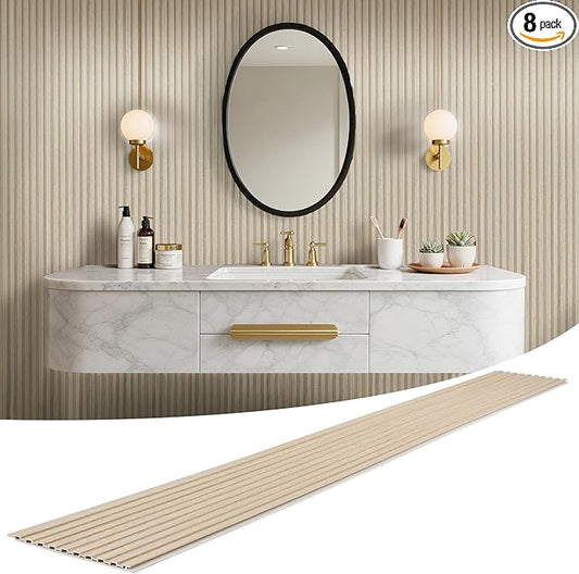 WPC Slat Wall Panels 8 Pack 96" x 8.2", Waterproof Fluted Wall Paneling, Accent 3D Wall Panel for Wall Decor, Bathroom, Bedroom, Office - Widen Low Grille Oak (Cover Approx.44 sq.ft)