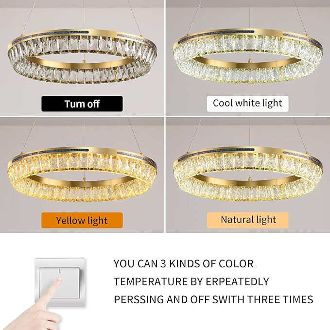 Modern LED Crystal Chandelier Brass Round Dimmable Gold Chandelier Light Fixture 3 Colors Pendant Ceiling Light for Dining Room Living Room Kitchen Island Entryway Foyer Bedroom Bathroom D22''