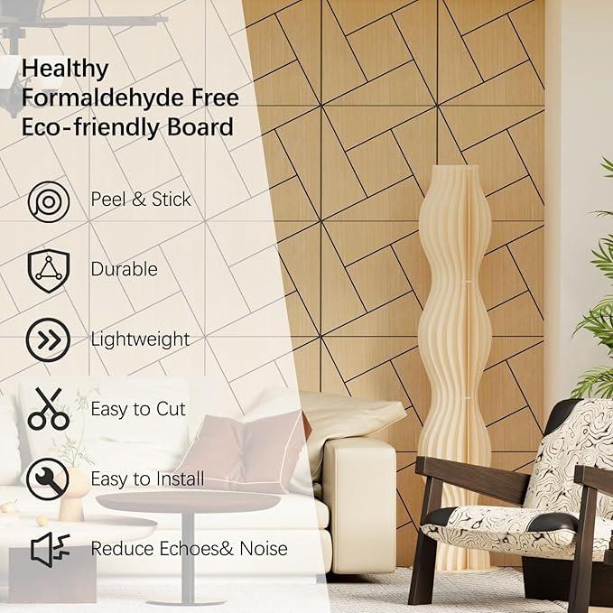 4 Packs Acoustic Wall Panels - Self-Adhesive 3D Wood Slat Wall Panel- Peel and Stick Sound Absorbing Panels for Noise Reducing - Feature Wall Decor for Home & Office