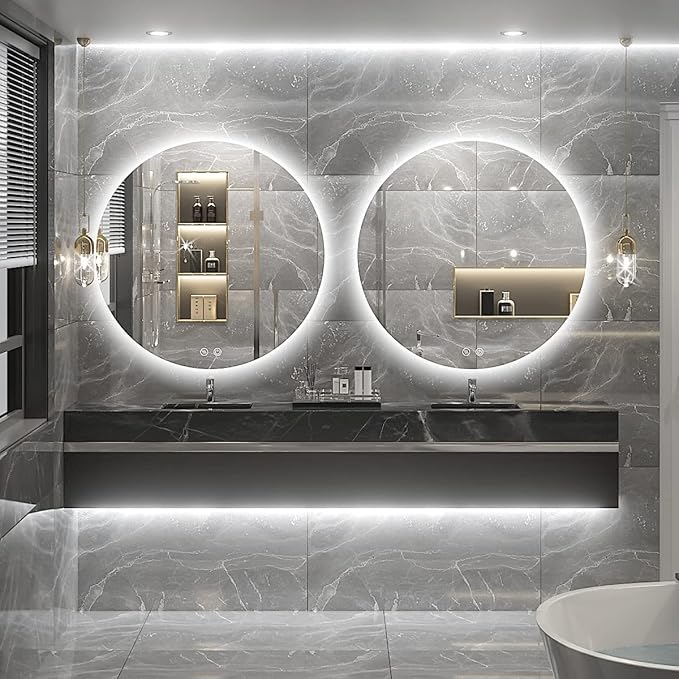 30 Inch Round LED Bathroom Mirror - 6000K Daylight Backlit, Anti-Fog & Dimmable, Frameless Waterproof Mirror with Touch Control, CRI90+, IP54 for Vanity & Makeup