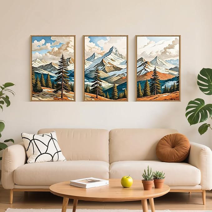 Large Woodcut Style Mountains Framed Canvas Wall Art,Vintage Pine Trees Wall Decor,Boho Natural Snow Ridge Artwork,Modern Woodland Landscape Art Print for Living Room,Bedroom,Office- 16"x24"x3