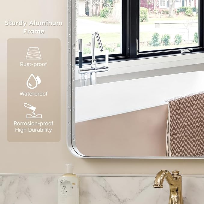 36x36"Bathroom Vanity Mirror for Wall, Aluminum Framed, Farmhouse Rectangle, Anti-Rust, HD Reflection Anti-Desilvering, Distortion Free, Tempered and Shatter-Proof Wall Mounted Mirror, Silver