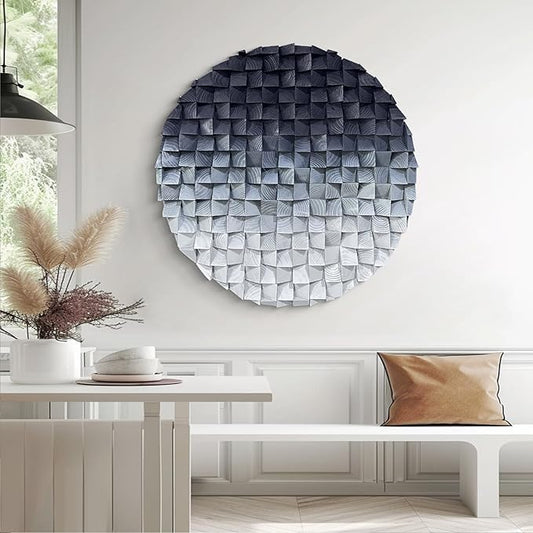LIUZEYUE - 3D wooden block decoration painting art wall decoration 3D wooden background wall living room bedroom study (blue gray gradient) Diameter 23.6"